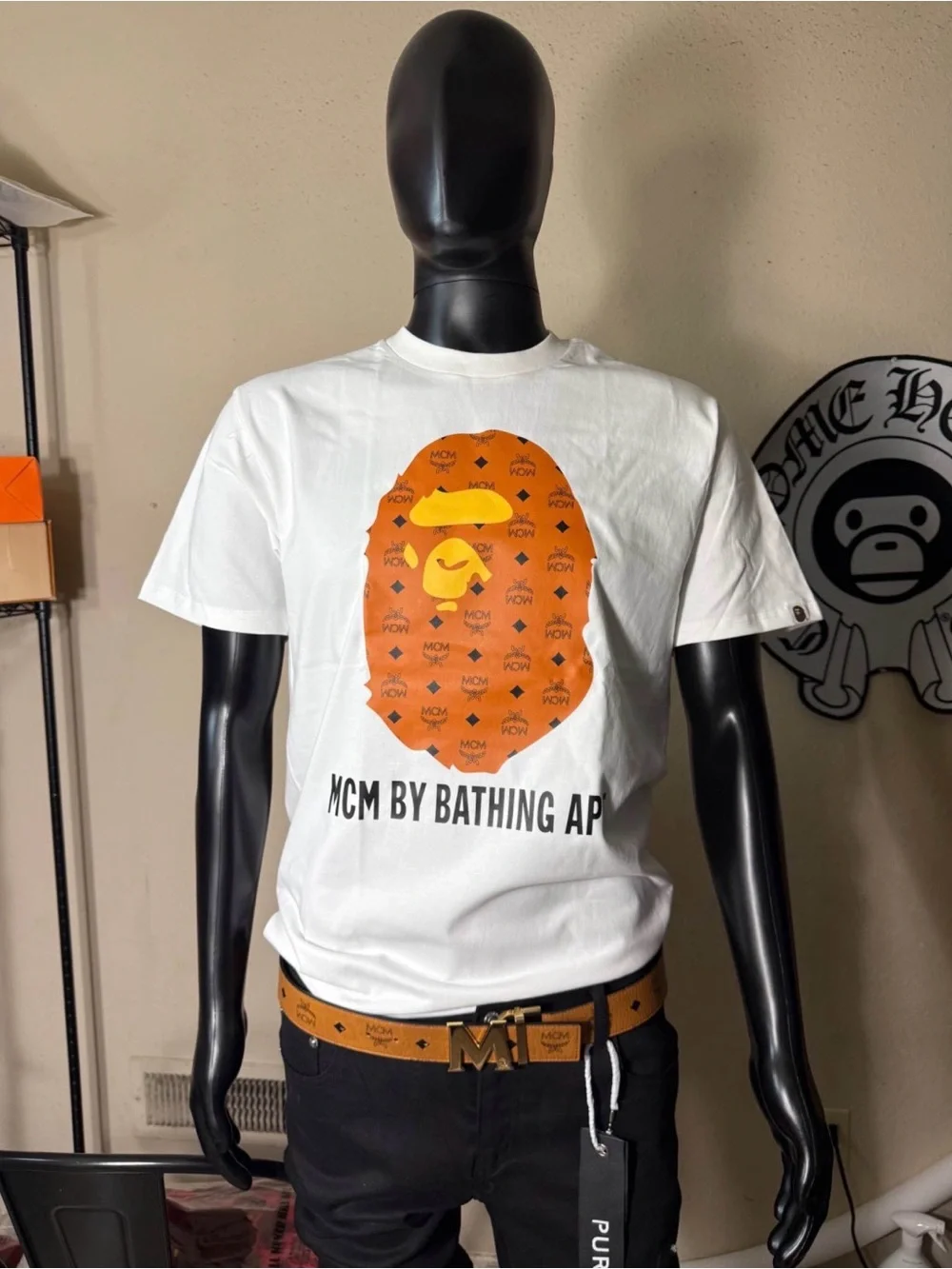 MCM White Tee with Orange & Yellow Ape Graphic — MCM by A Bathing Ape